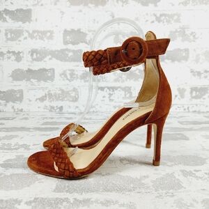 NEW L'AGENCE Larissa Brown Suede Braided Ankle Strap Heeled Sandals W826